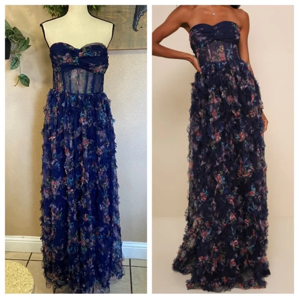 NWOT Lulus Stunning Element Navy Floral Mesh Ruffled Strapless Maxi Dress